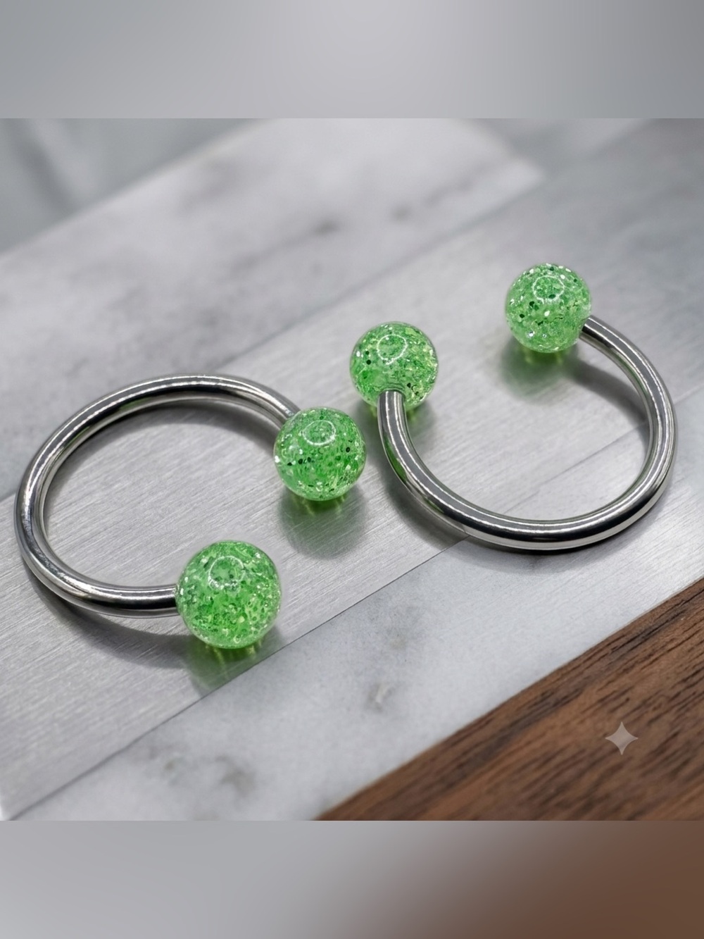 Pair 16G 7/16 Circular Barbell Horseshoe Lime Green Glitter Balls Septum Ring